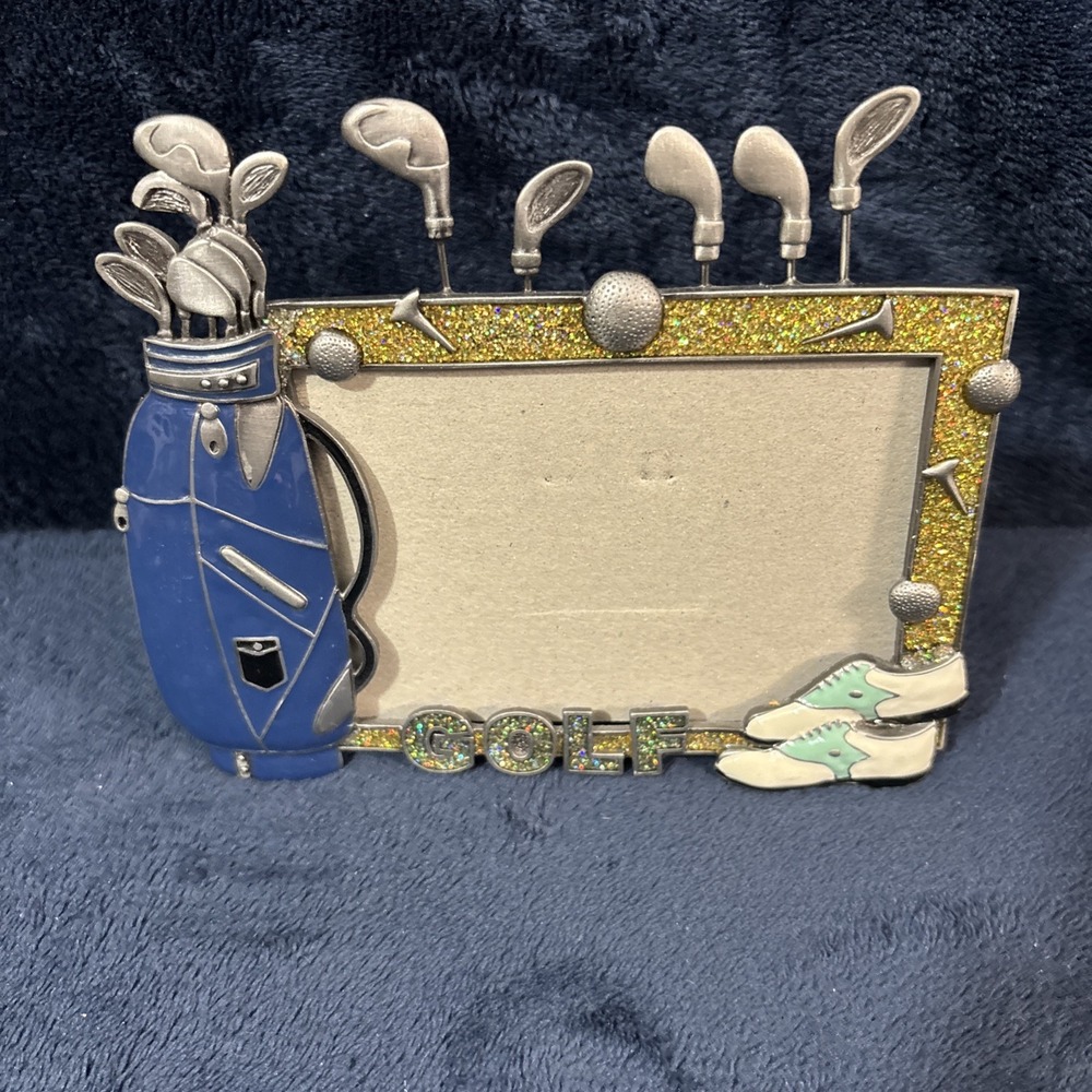 Sixtrees Golf Metal Photo Frame 3.5x5 Golf Bag Golf Shoes Blue Bag Sparkles
